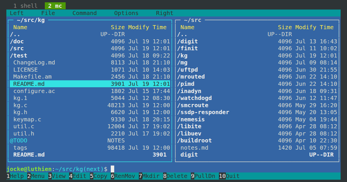 rxvt with two tabs, the active one running Midnight Commander, in the Tango palette